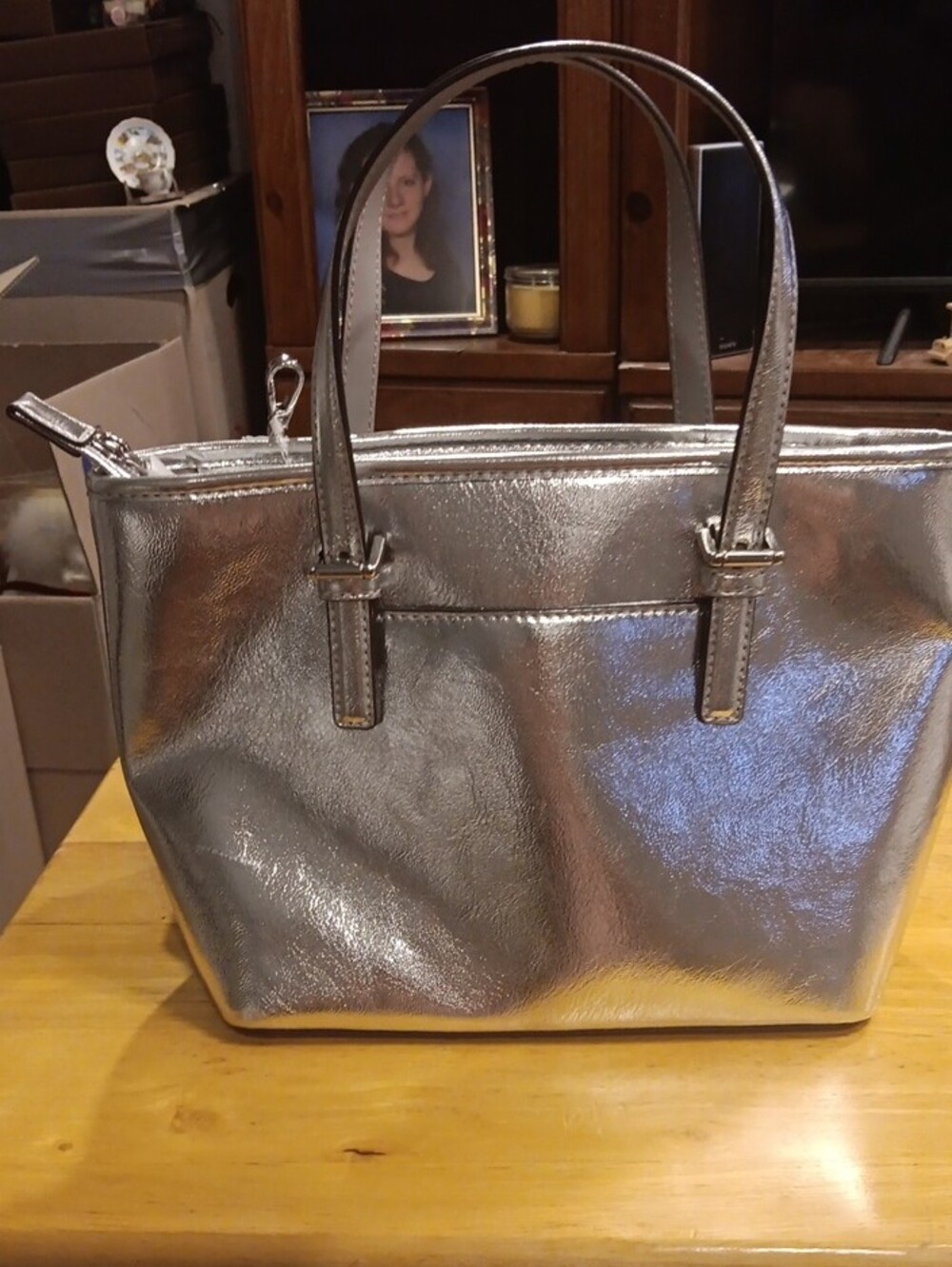 Michael Kors Jet Set Travel Extra-Small Metallic Top-Zip Tote Silver NWT - Picture 6 of 7